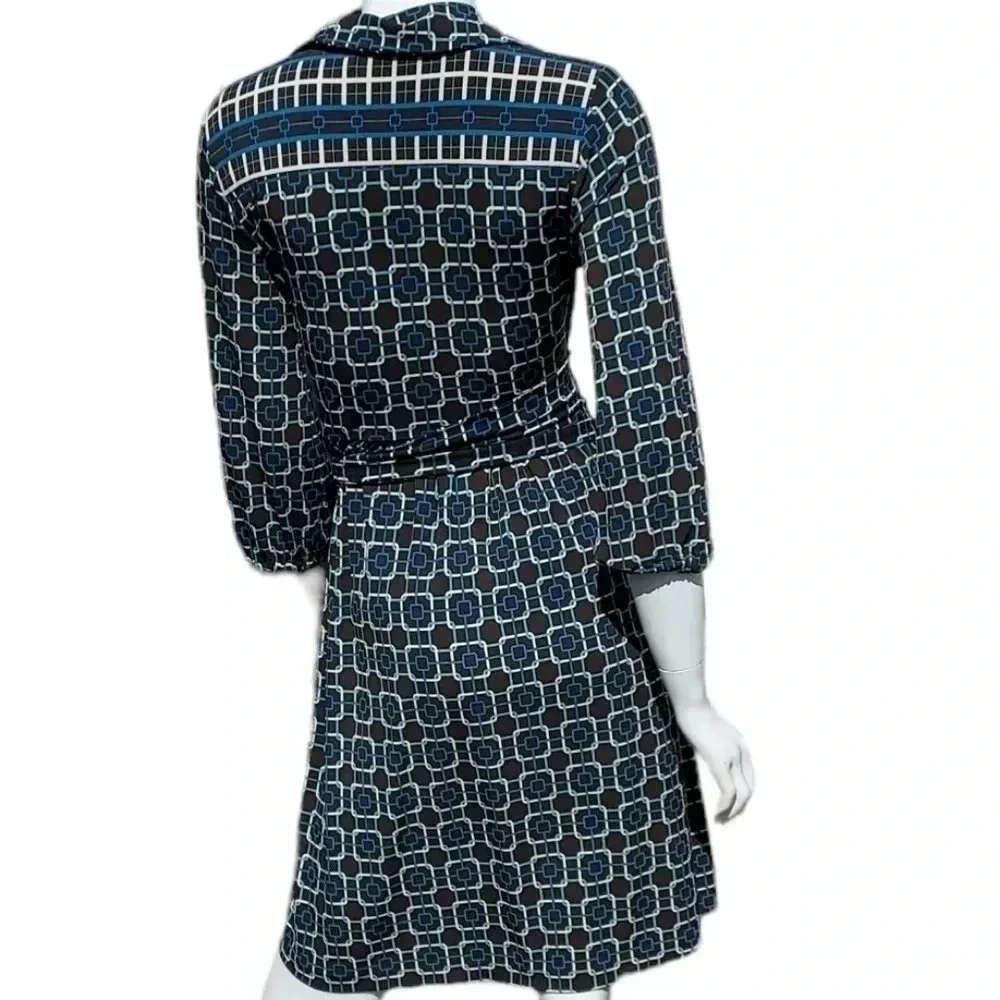 Talbots Petites Geometric Belted Dress Size 4 Blue/ Brown/ White/Turqouise - Picture 2 of 12
